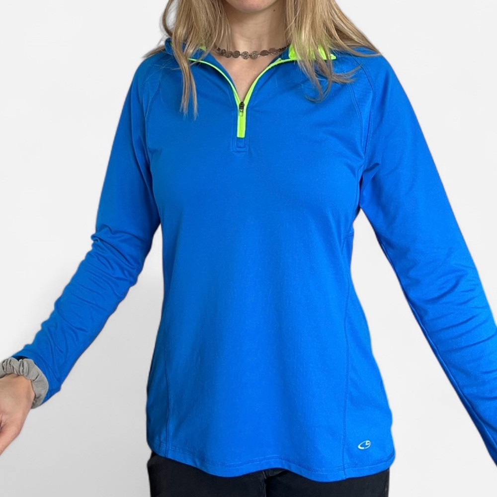 Champion Women's Vibrant Blue and Neon Accent Quarter Zip Long Sleeve Size Small